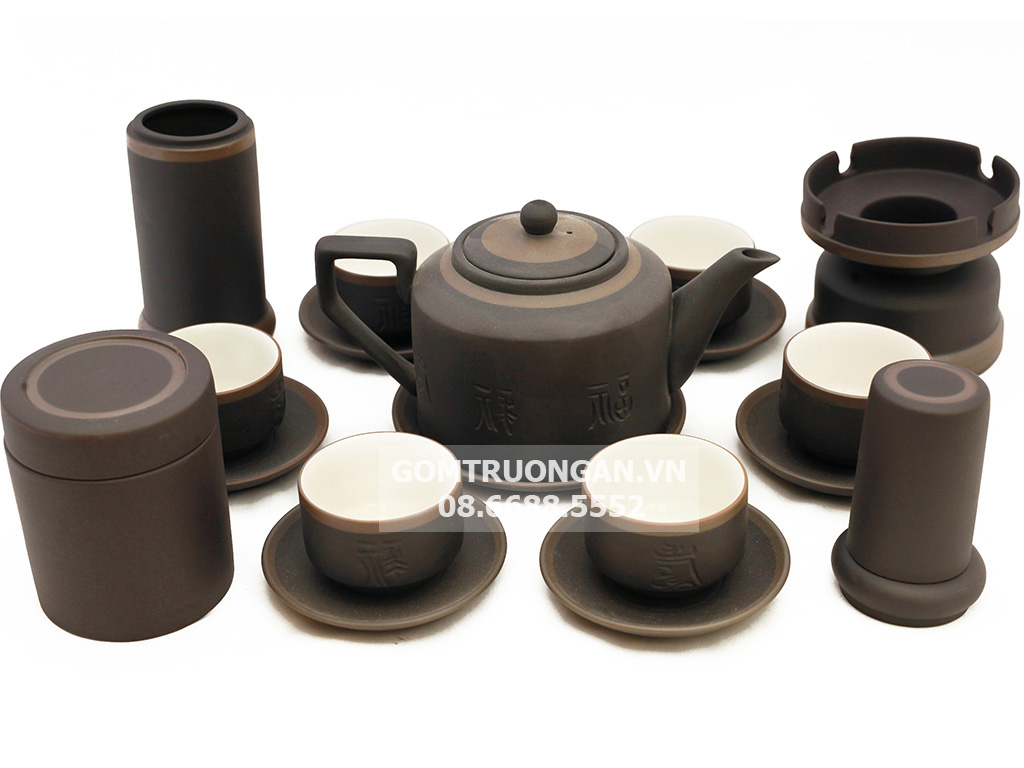 Bộ ấm chén tử sa Bát Tràng tích đen đầy đủ phụ kiện 1