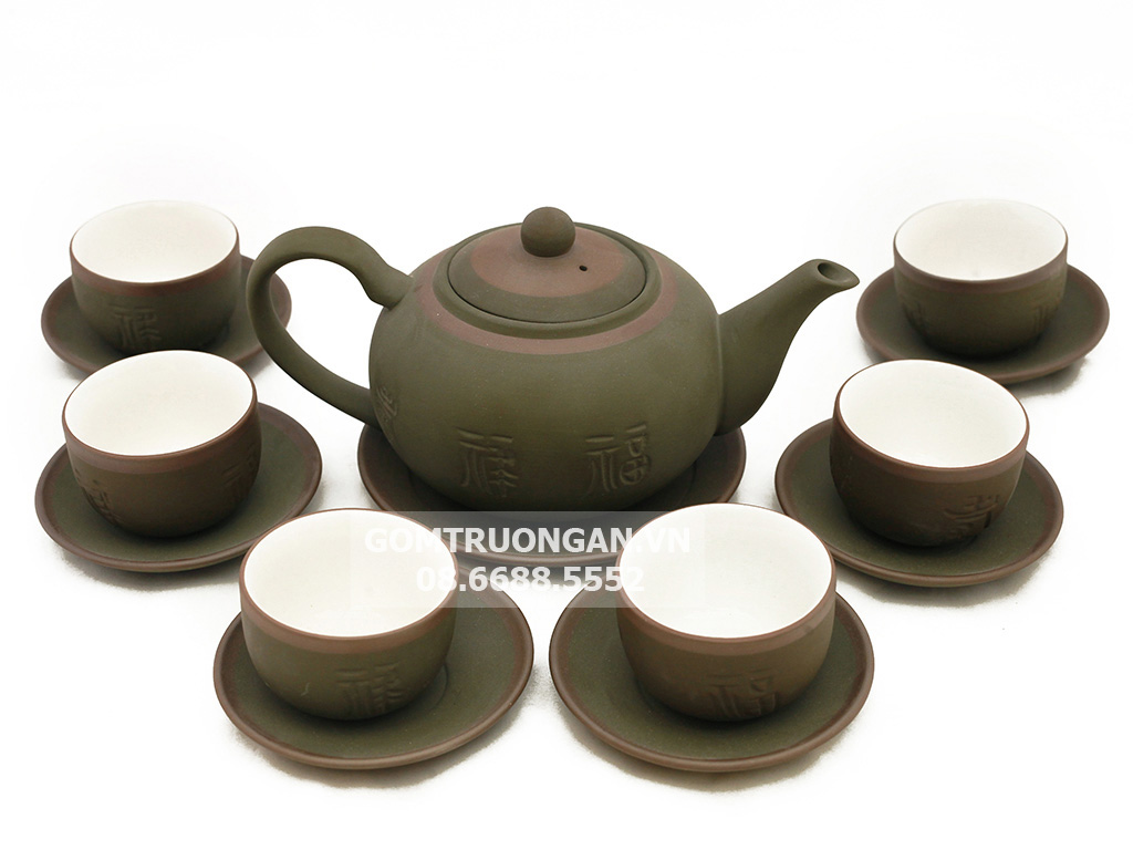 Bộ ấm chén tử sa Bát Tràng dáng tống men rêu kẻ chỉ 1