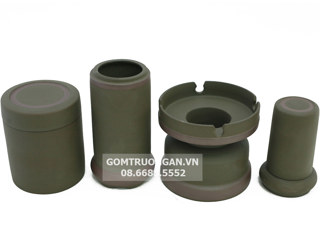 Bộ ấm chén tử sa Bát Tràng dáng tống men rêu kẻ chỉ đầy đủ phụ kiện 2