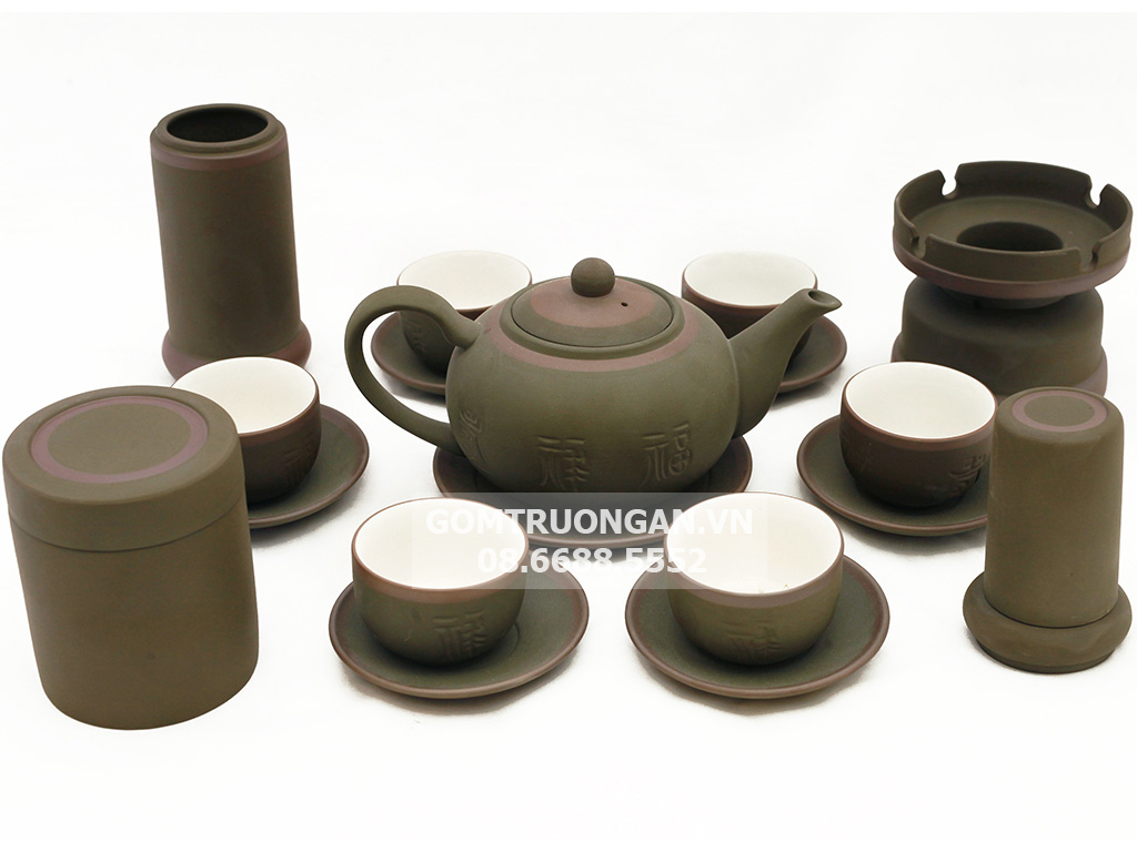 Bộ ấm chén tử sa Bát Tràng dáng tống men rêu kẻ chỉ đầy đủ phụ kiện 1