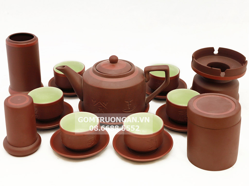 Bộ ấm chén tử sa Bát Tràng tích nâu kẻ chỉ đầy đủ phụ kiện 1