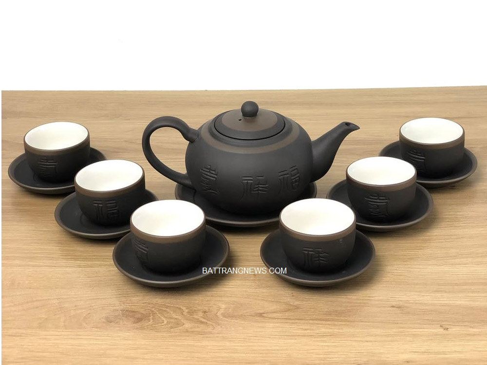 Bộ ấm ch&eacute;n tử sa B&aacute;t Tr&agrave;ng d&aacute;ng tống men đen kẻ chỉ