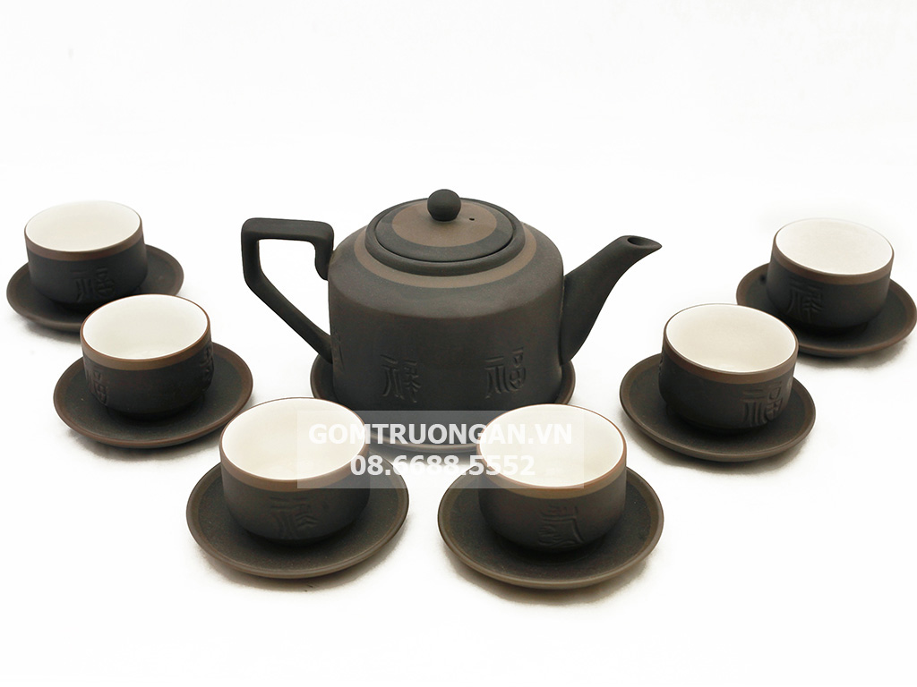 Bộ ấm chén tử sa Bát Tràng tích đen kẻ chỉ lòng trắng 1