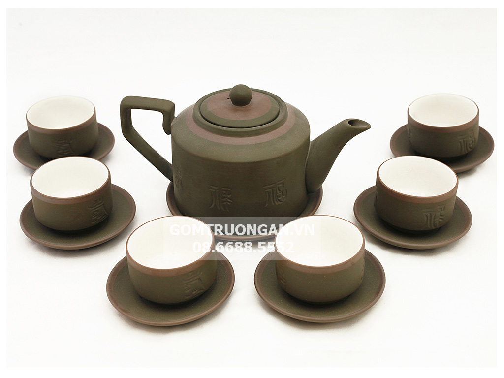 Bộ ấm chén tử sa Bát Tràng tích rêu kẻ chỉ lòng trắng 1