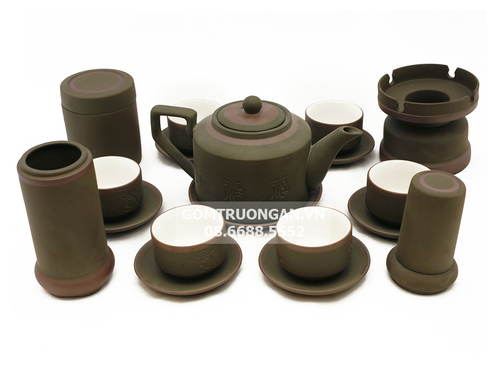 Bộ ấm chén tử sa Bát Tràng tích rêu kẻ chỉ lòng trắng đầy đủ phụ kiện 1