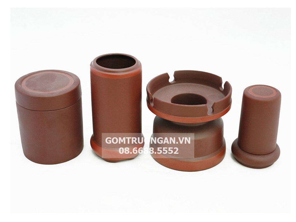 Bộ ấm chén tử sa Bát Tràng dáng tống nâu kẻ chỉ đầy đủ phụ kiện 2