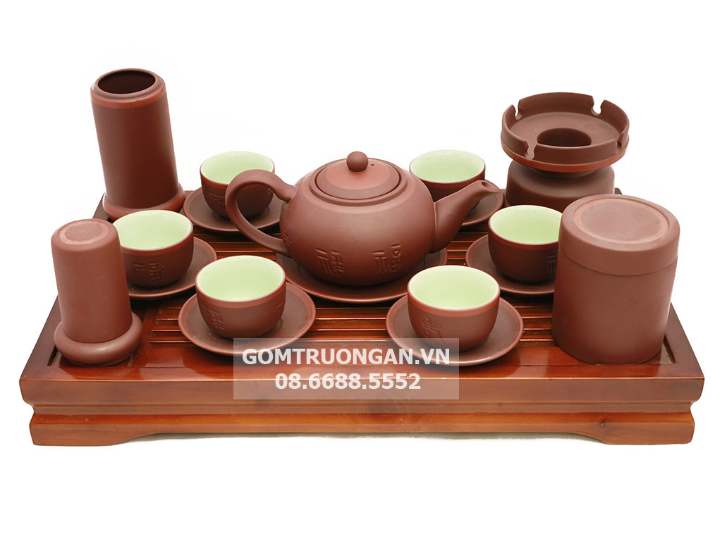 Bộ ấm chén tử sa Bát Tràng dáng tống nâu kẻ chỉ đầy đủ phụ kiện 1