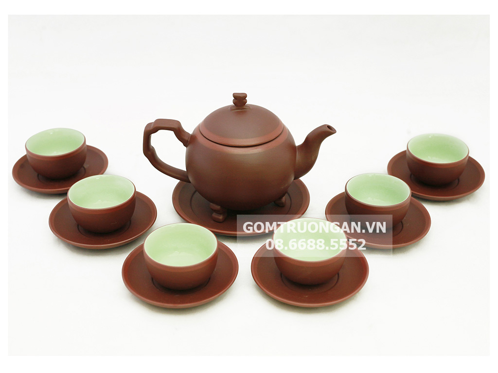 Bộ ấm chén tử sa Bát Tràng cây thông nâu kẻ chỉ 1