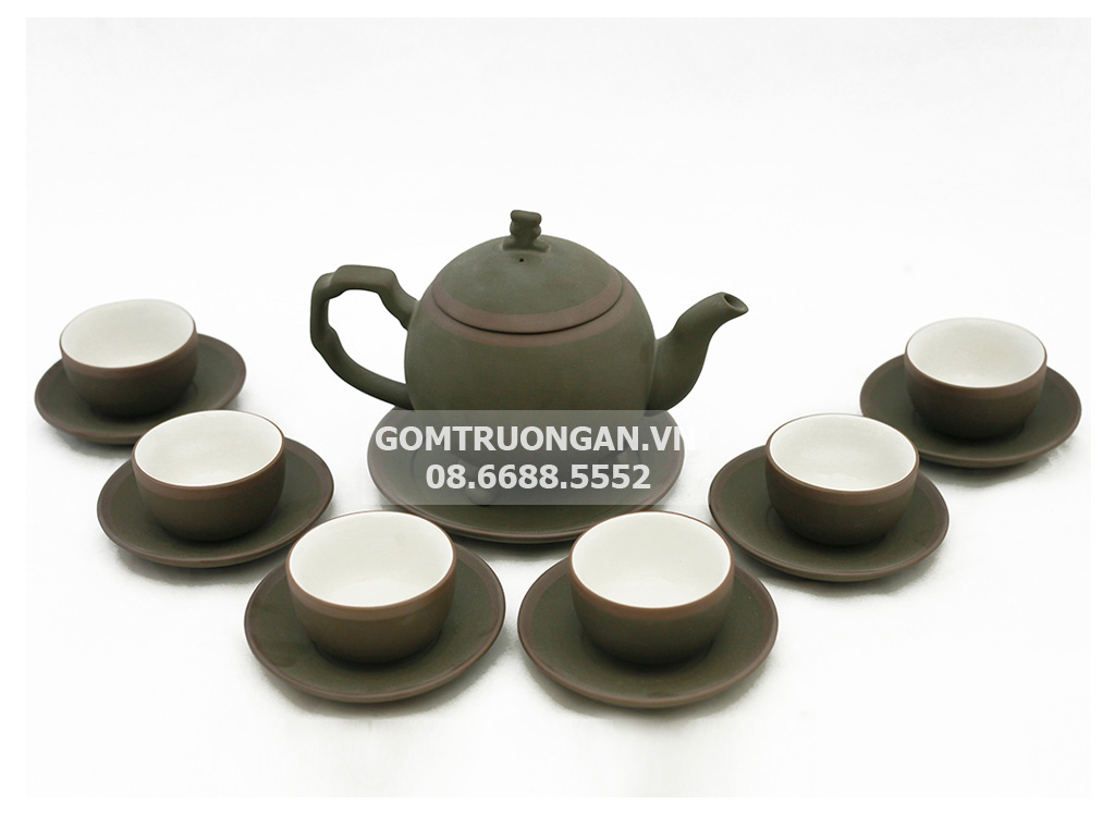 Bộ ấm chén tử sa Bát Tràng cây thông rêu kẻ chỉ 1