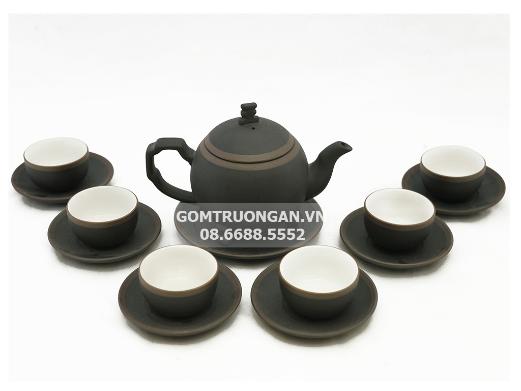 Bộ ấm chén tử sa Bát Tràng cây thông đen kẻ chỉ 1