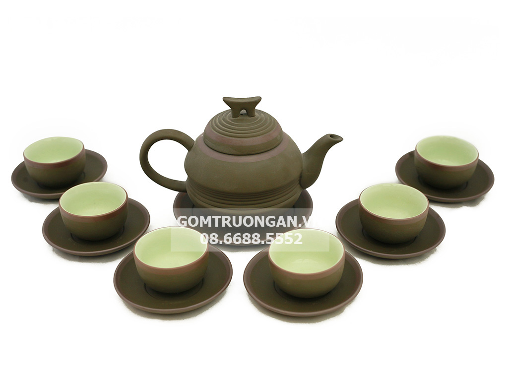 Bộ ấm chén tử sa Bát Tràng đai eo rêu kẻ chỉ 1