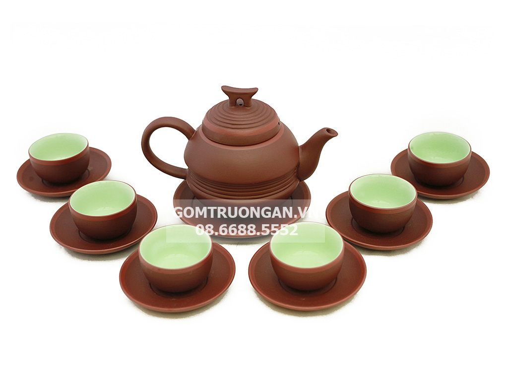 Bộ ấm chén tử sa Bát Tràng đai eo nâu kẻ chỉ 1