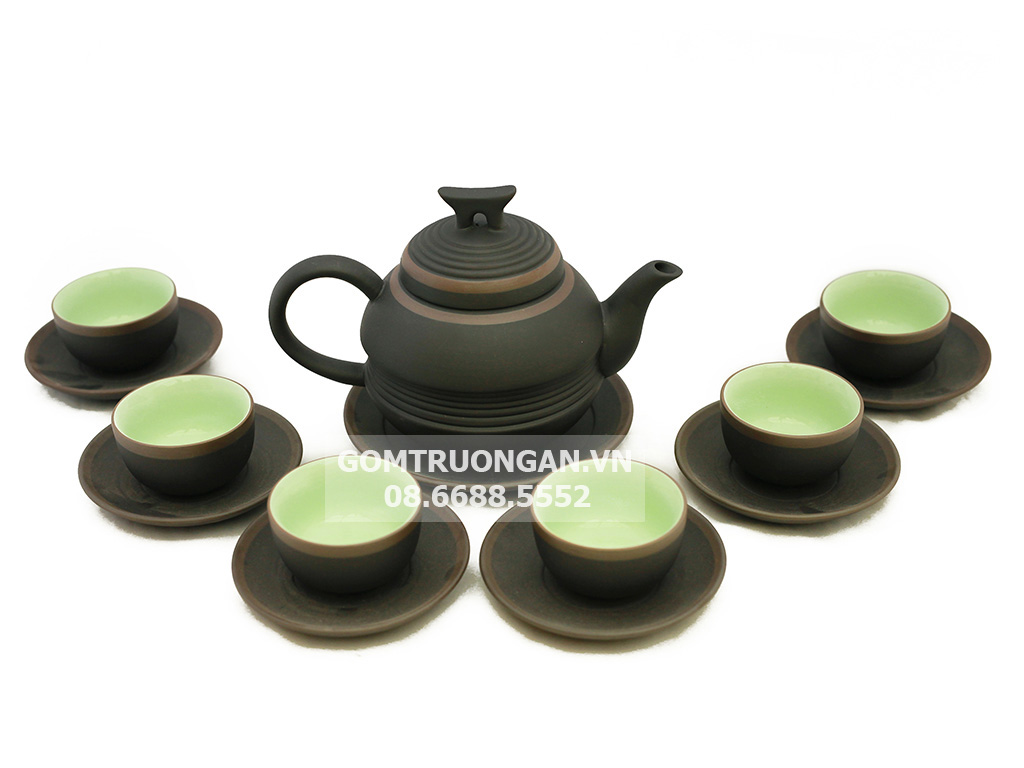 Bộ ấm chén tử sa Bát Tràng đai eo đen kẻ chỉ 1