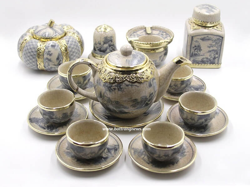 Bộ ấm chén Bát Tràng bọc đồng men rạn dáng Minh Long đầy đủ phụ kiện 1