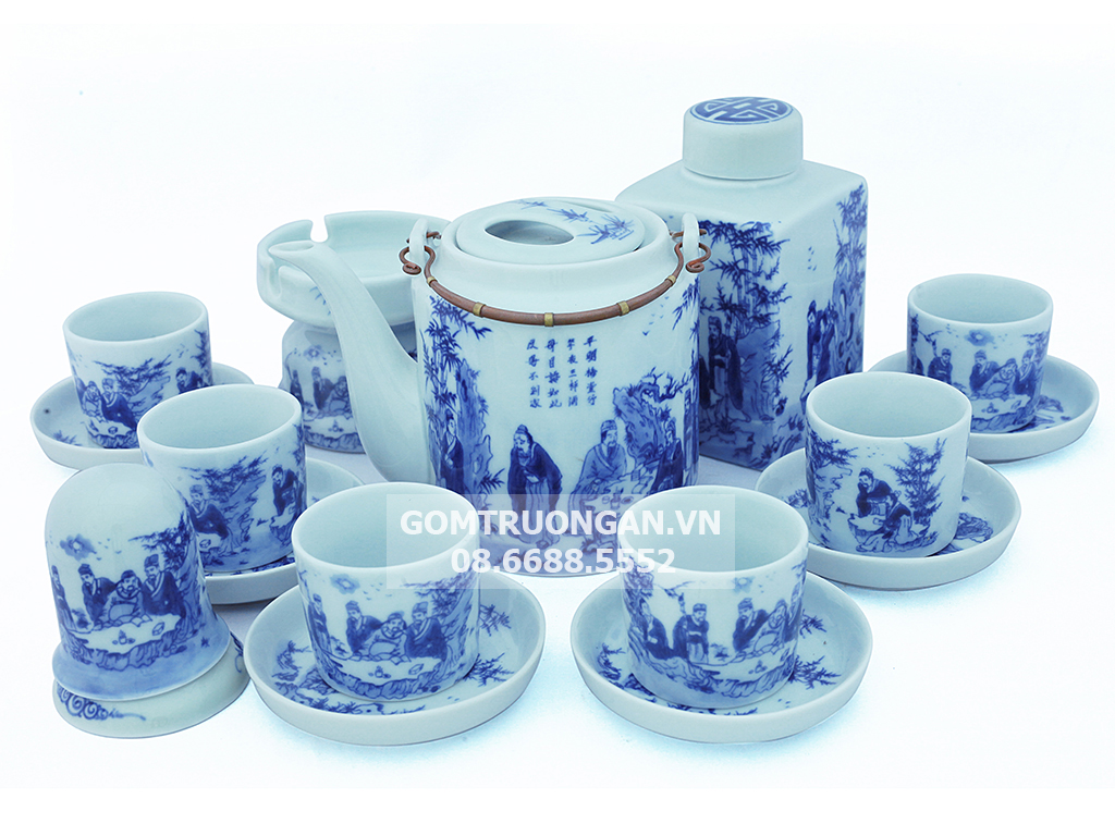 Bộ ấm tích Bát Tràng số 1 vẽ Trúc Lâm Thất Hiền đầy đủ phụ kiện 1,5l 1