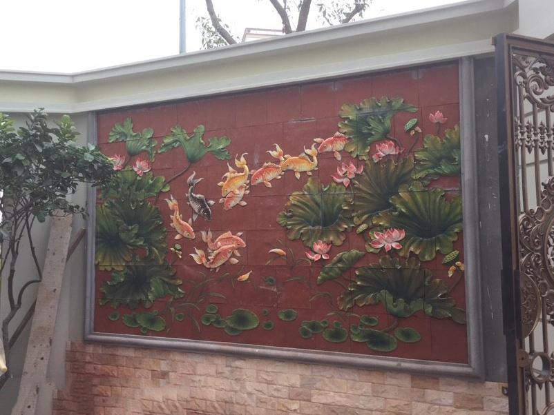 Tranh gốm ốp tường cảnh Cửu ngư quần hội 1