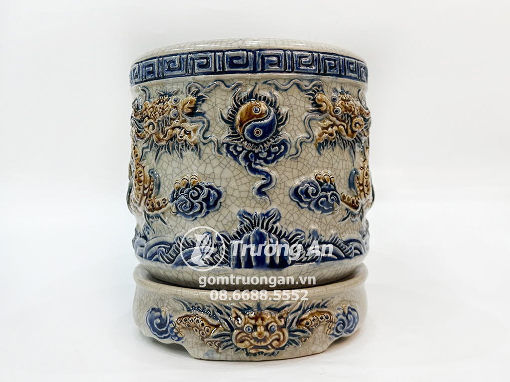 Bát hương men rạn nổi rồng Phúc Quý đường kính 25cm đế sứ 1