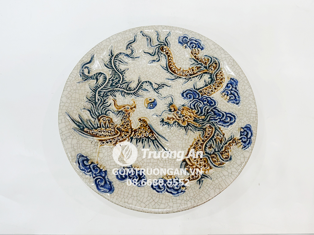 Mâm bồng men rạn nổi rồng phượng Phúc Quý 26cm 2