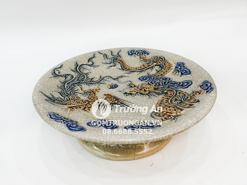Mâm bồng men rạn nổi rồng phượng Phúc Quý 22cm 1