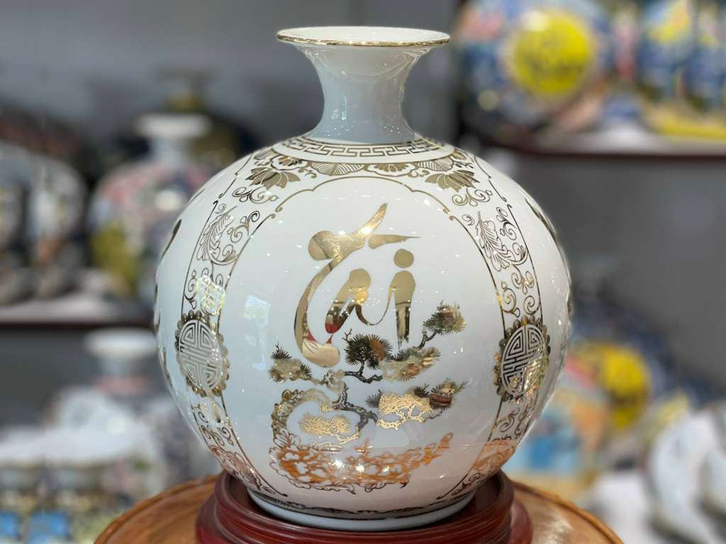 Bình hút lộc màu trắng vẽ vàng Phúc Đức Tài Lộc 25cm 3