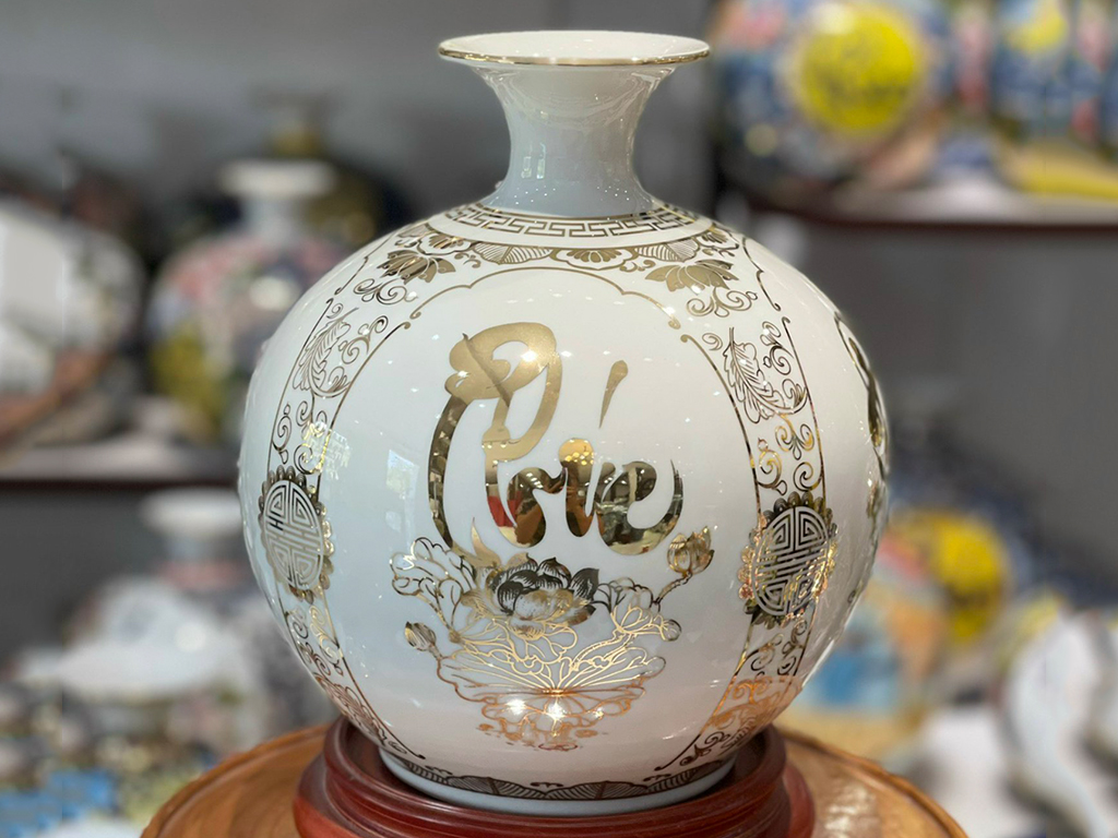 Bình hút lộc màu trắng vẽ vàng Phúc Đức Tài Lộc 25cm 1