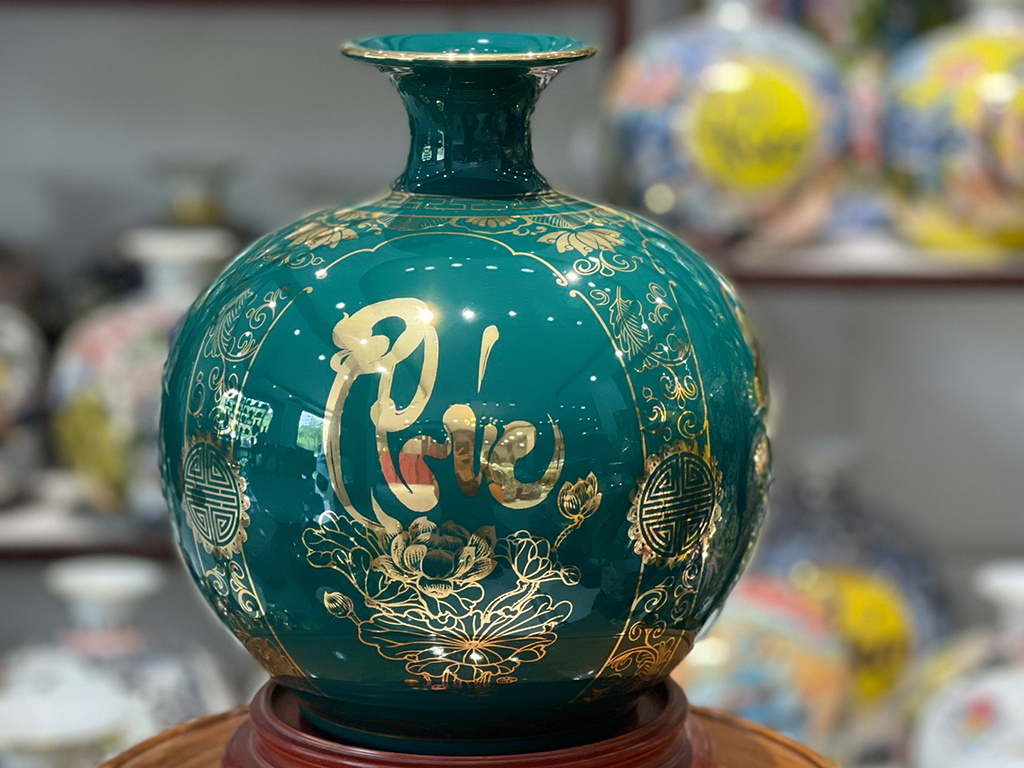 Bình hút lộc màu xanh vẽ vàng Phúc Đức Tài Lộc 25cm 1