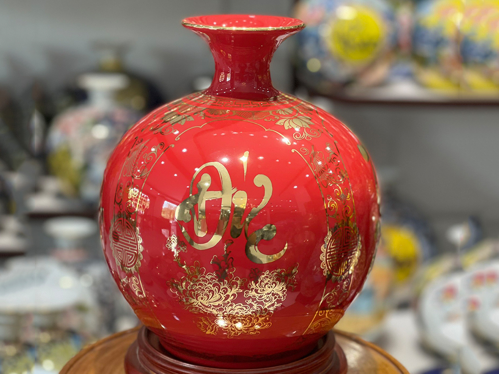 Bình hút lộc màu đỏ vẽ vàng Phúc Đức Tài Lộc 25cm 2