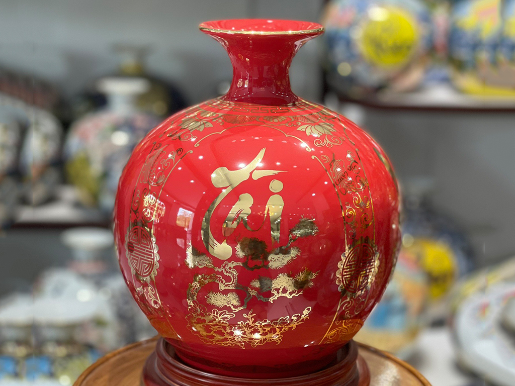 Bình hút lộc màu đỏ vẽ vàng Phúc Đức Tài Lộc 25cm 3