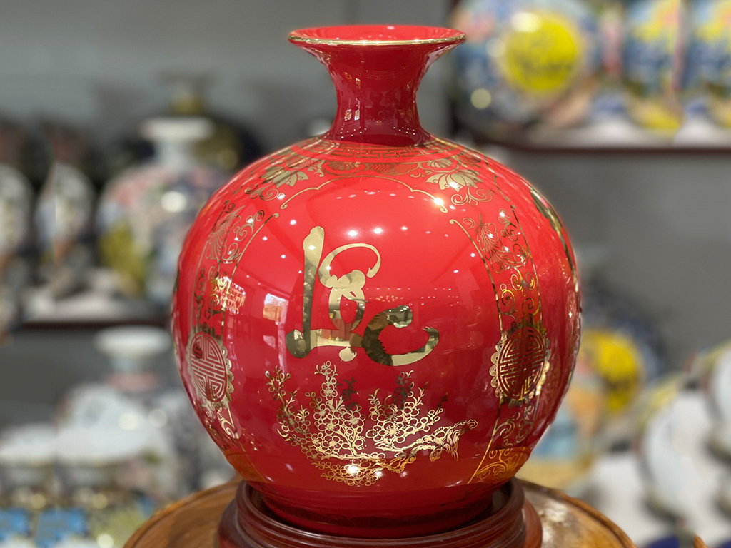 Bình hút lộc màu đỏ vẽ vàng Phúc Đức Tài Lộc 25cm 4