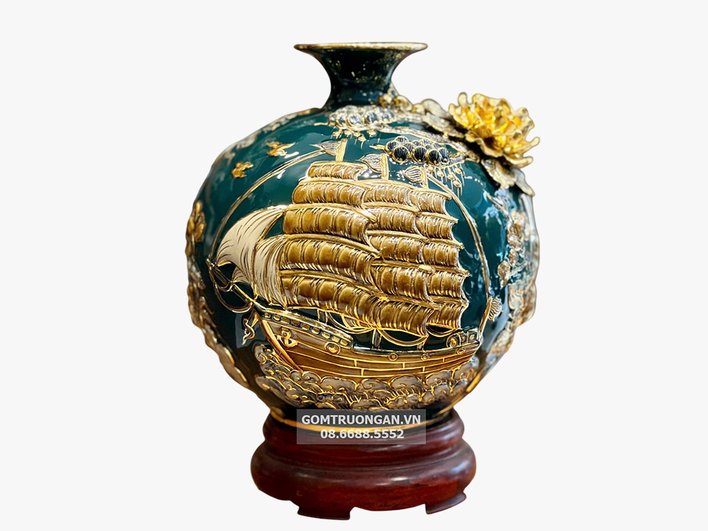 Bình hút lộc đắp nổi Thuận Buồm Xuôi Gió men xanh mallard 30cm vẽ vàng 1