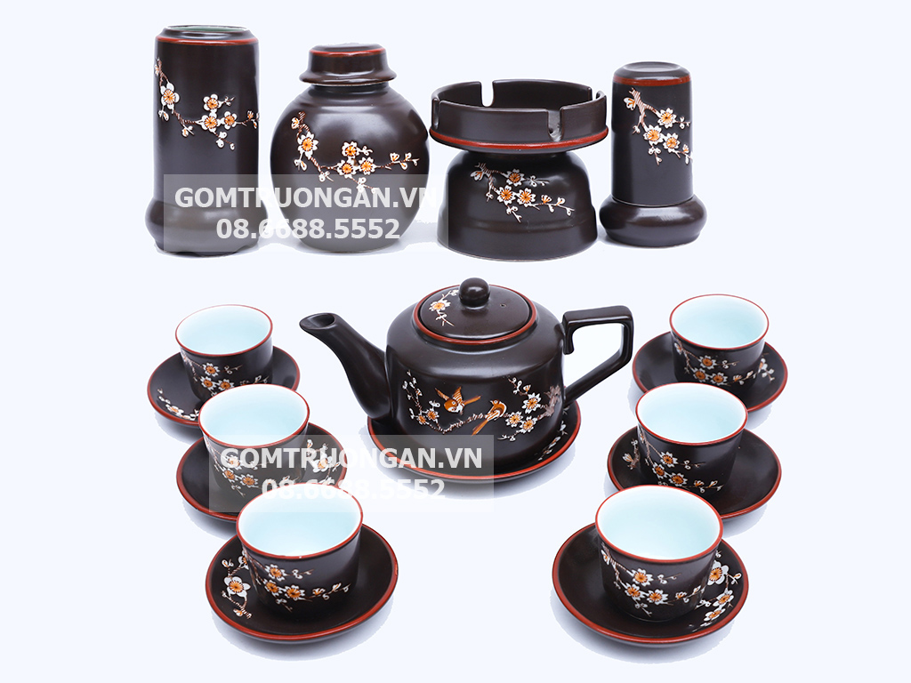 Ấm chén Bát Tràng quai vuông khắc hoa đầy đủ phụ kiên 1