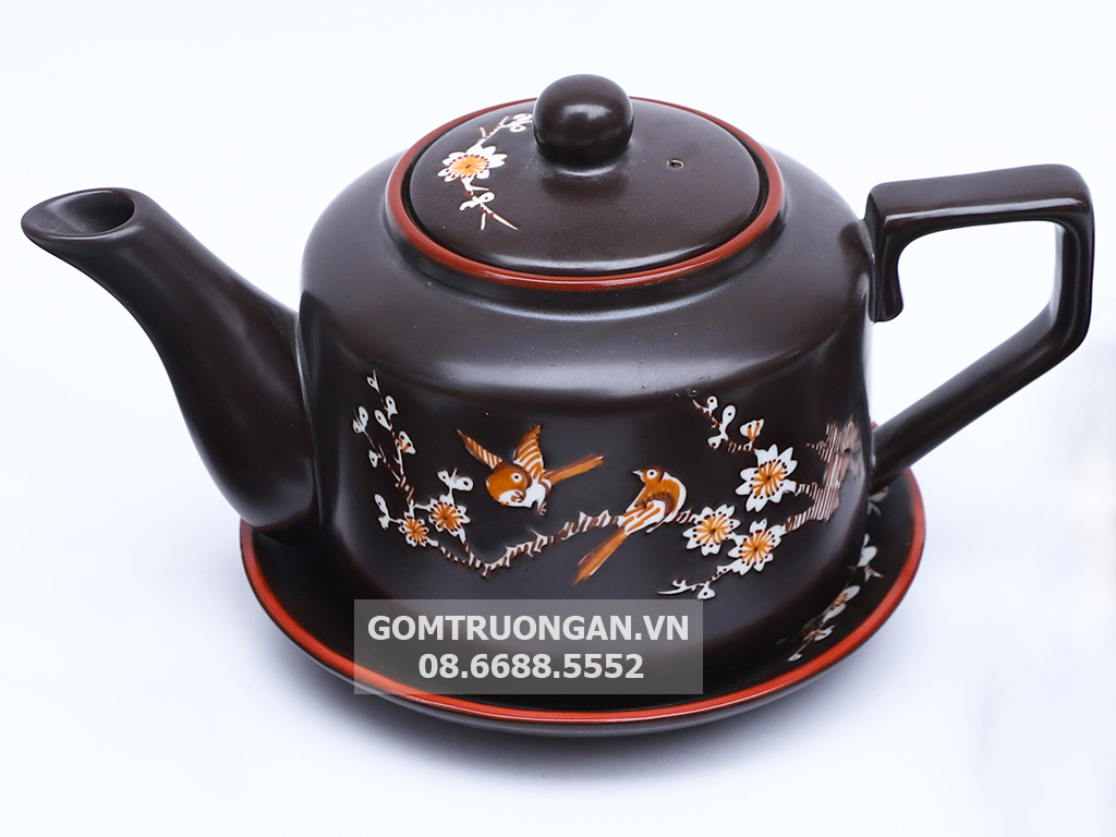 Bộ ấm chén Bát Tràng khắc hoa đào quai vuông 2