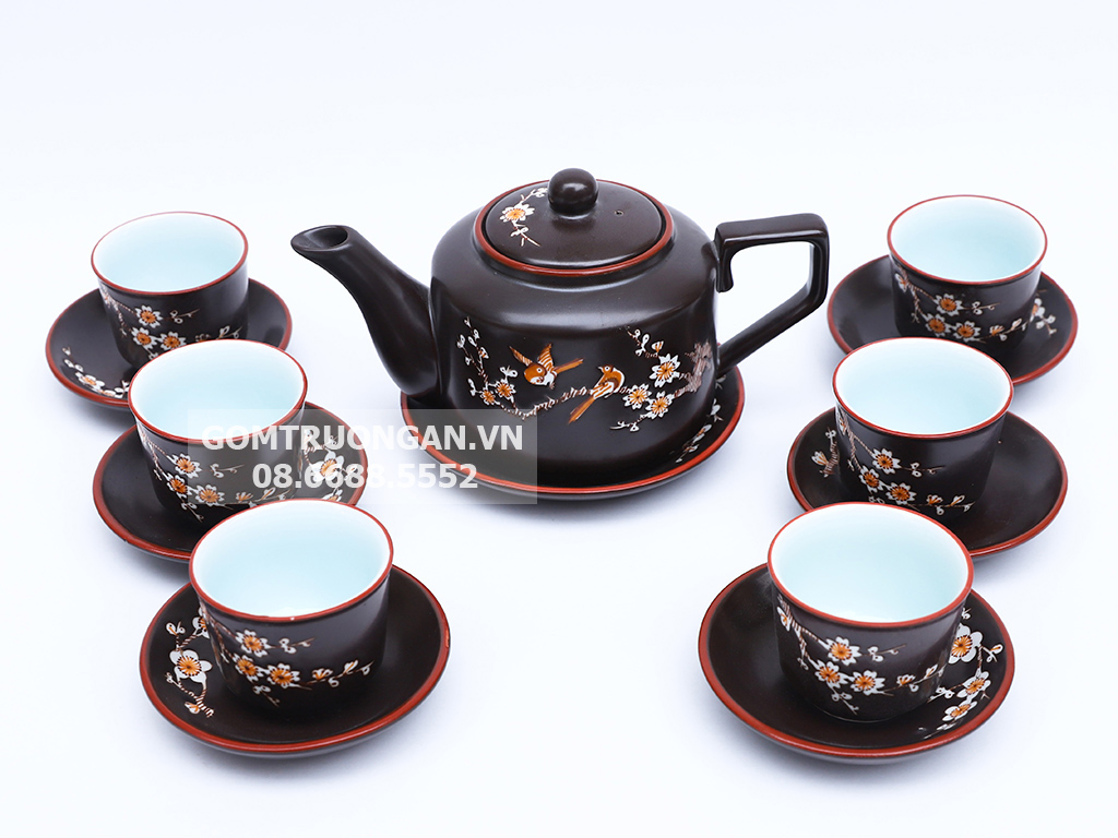 Bộ ấm chén Bát Tràng khắc hoa đào quai vuông 1