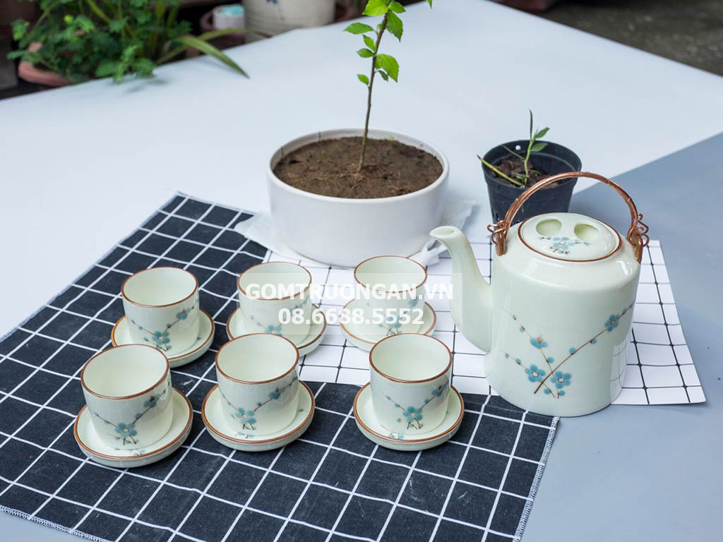 Bộ ấm tích men kem sen vẽ hoa đào xanh 1,4 lít 1