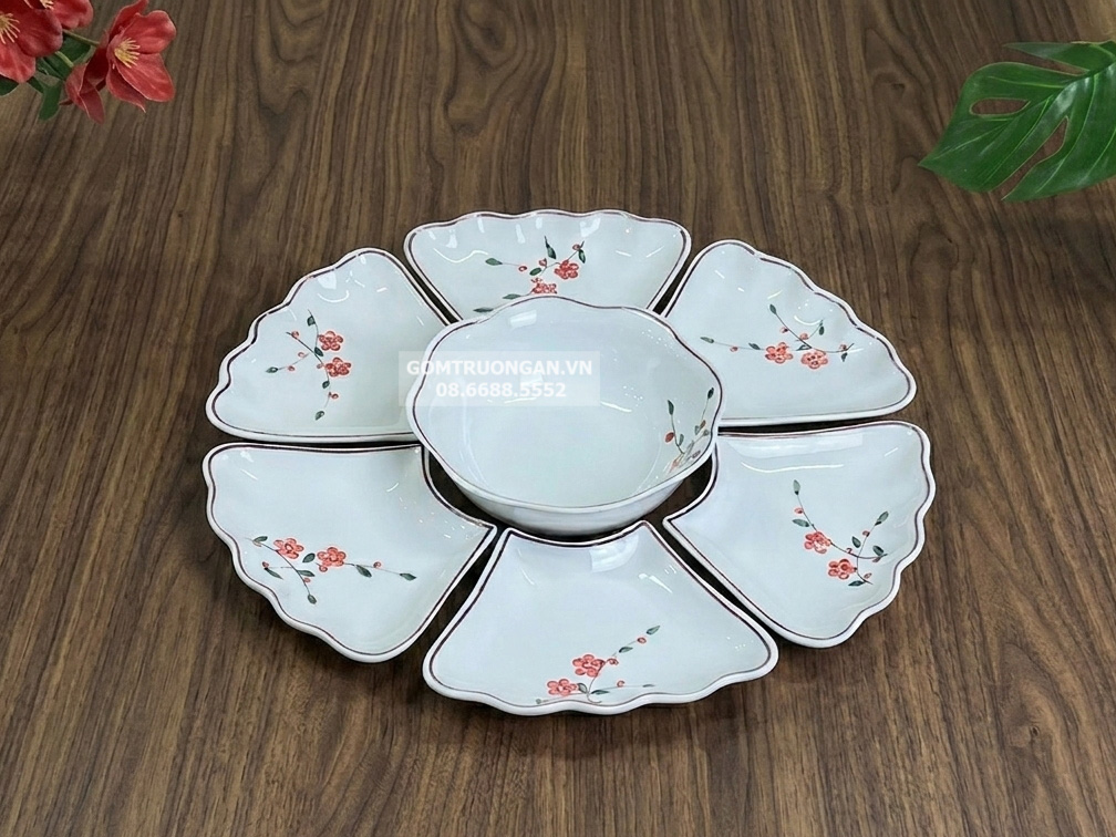 Bộ bát đĩa hoa mặt trời mâm cúng gia tiên hoa đào cỡ to 55cm 7 món 1