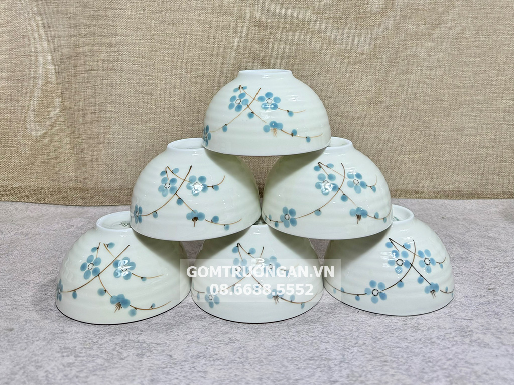 Bộ 6 bát ăn cơm Bát Tràng men kem vẽ hoa đào xanh 1