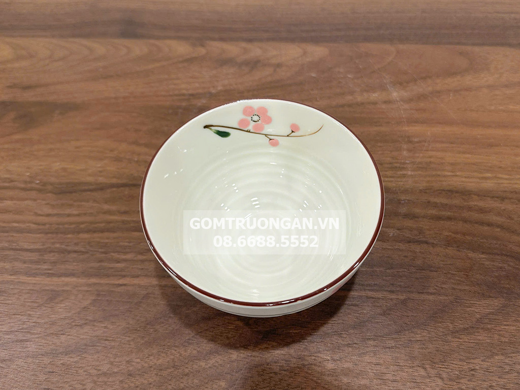 Bộ 6 bát ăn cơm Bát Tràng men kem vẽ hoa đào hồng 3