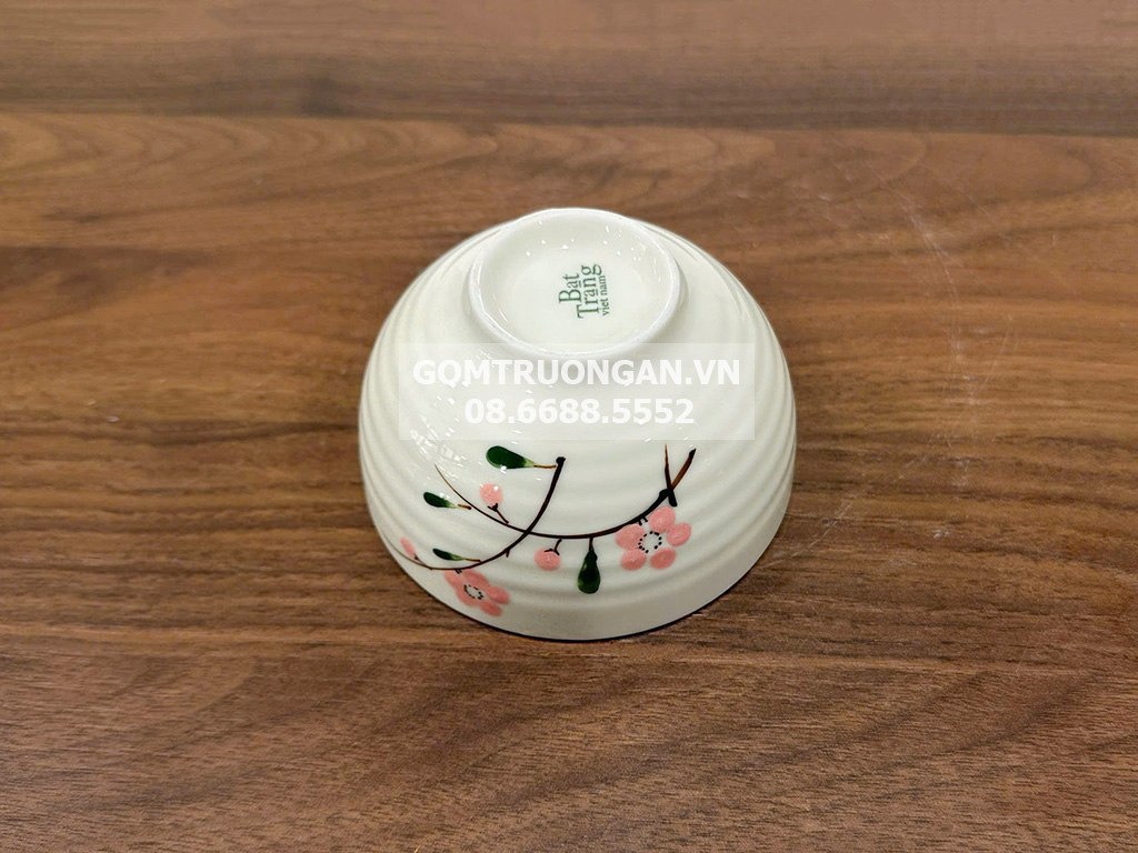 Bộ 6 bát ăn cơm Bát Tràng men kem vẽ hoa đào hồng 4