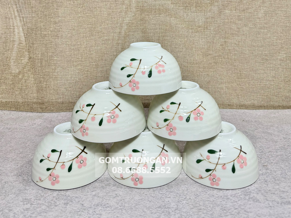 Bộ 6 bát ăn cơm Bát Tràng men kem vẽ hoa đào hồng 1
