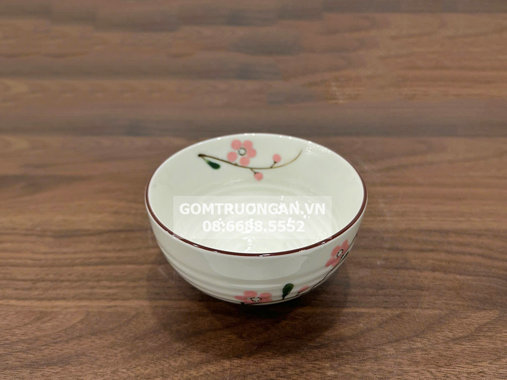 Bộ 6 bát ăn cơm Bát Tràng men kem vẽ hoa đào hồng 2