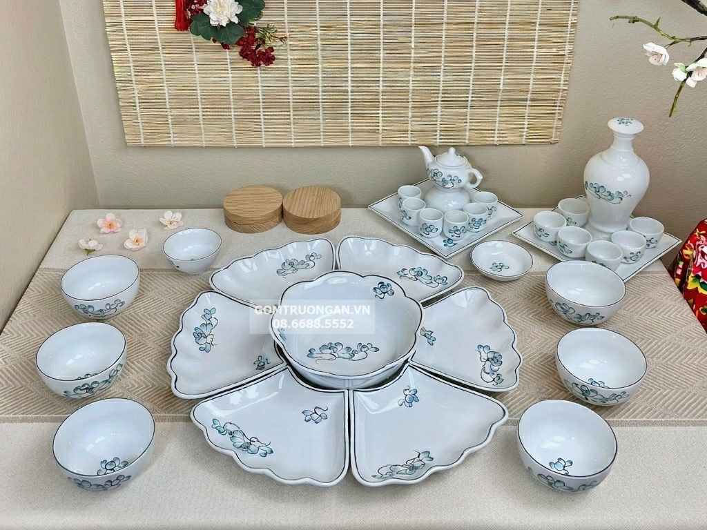 Bộ bát đĩa hoa mặt trời sen xanh đầy đủ cỡ to 1