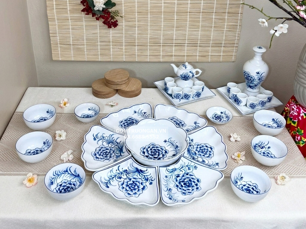 Bộ bát đĩa hoa mặt trời vẽ hoa Cẩm Tú Cầu cỡ bé đầy đủ 1