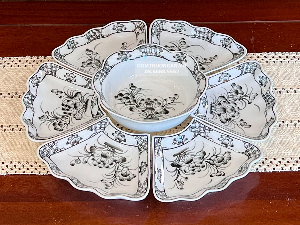 Bộ bát đĩa thờ cúng gia tiên vẽ Hoa Sen Tràm cỡ bé 7 món 1