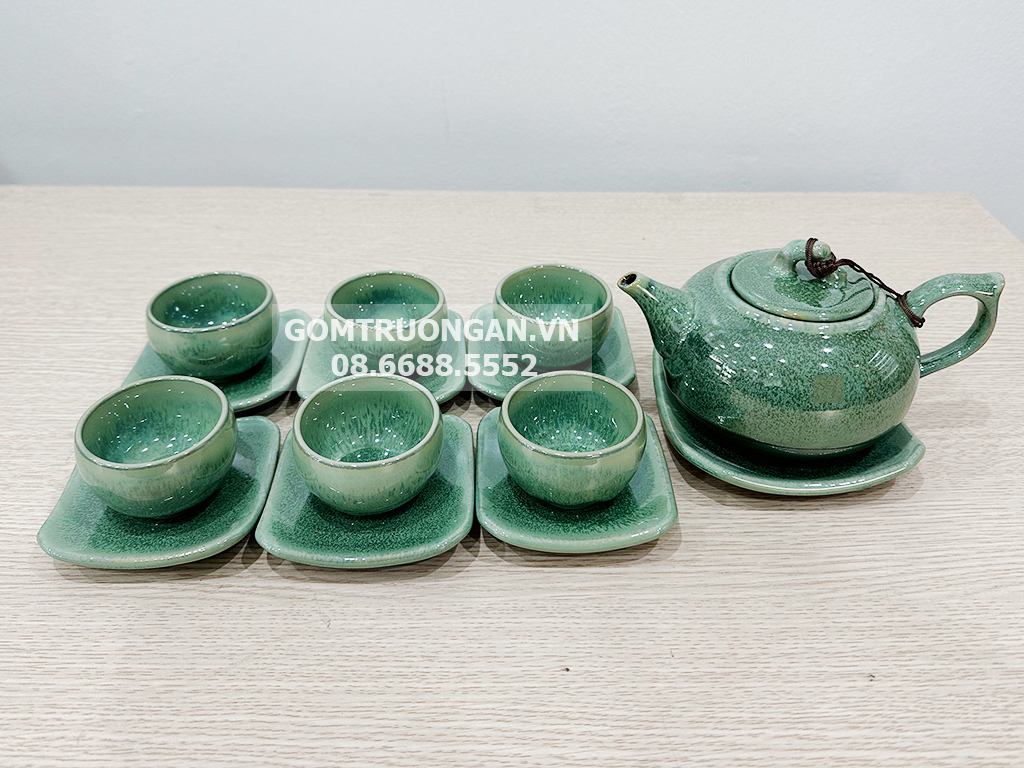 Bộ ấm chén men hỏa biến Bát Tràng xanh ngọc bích 2