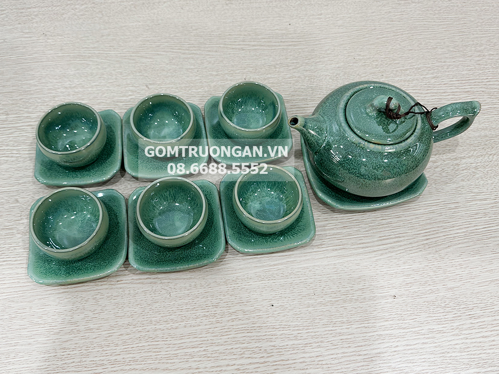 Bộ ấm chén men hỏa biến Bát Tràng xanh ngọc bích 3