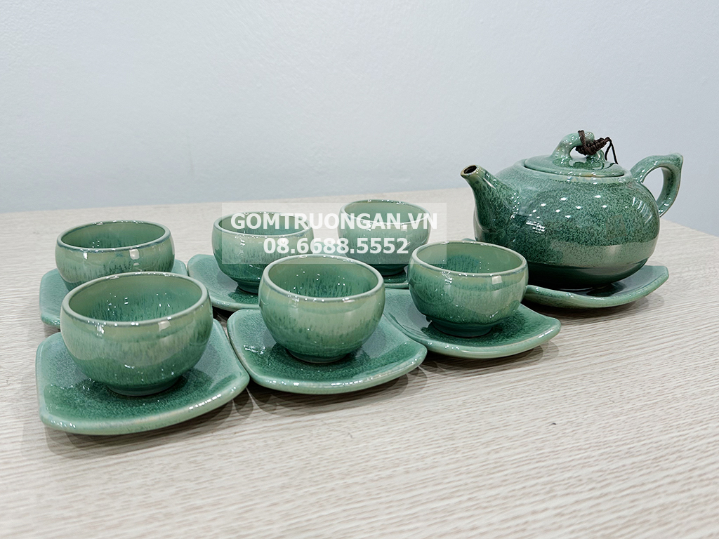 Bộ ấm chén men hỏa biến Bát Tràng xanh ngọc bích 4