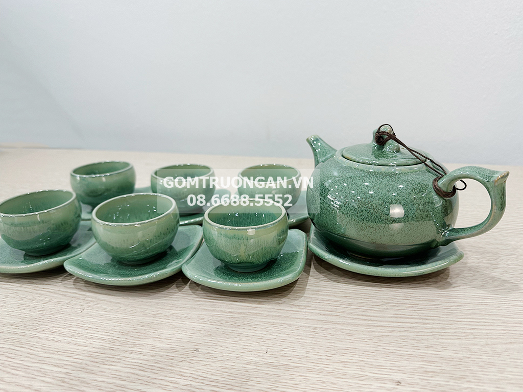 Bộ ấm chén men hỏa biến Bát Tràng xanh ngọc bích 5