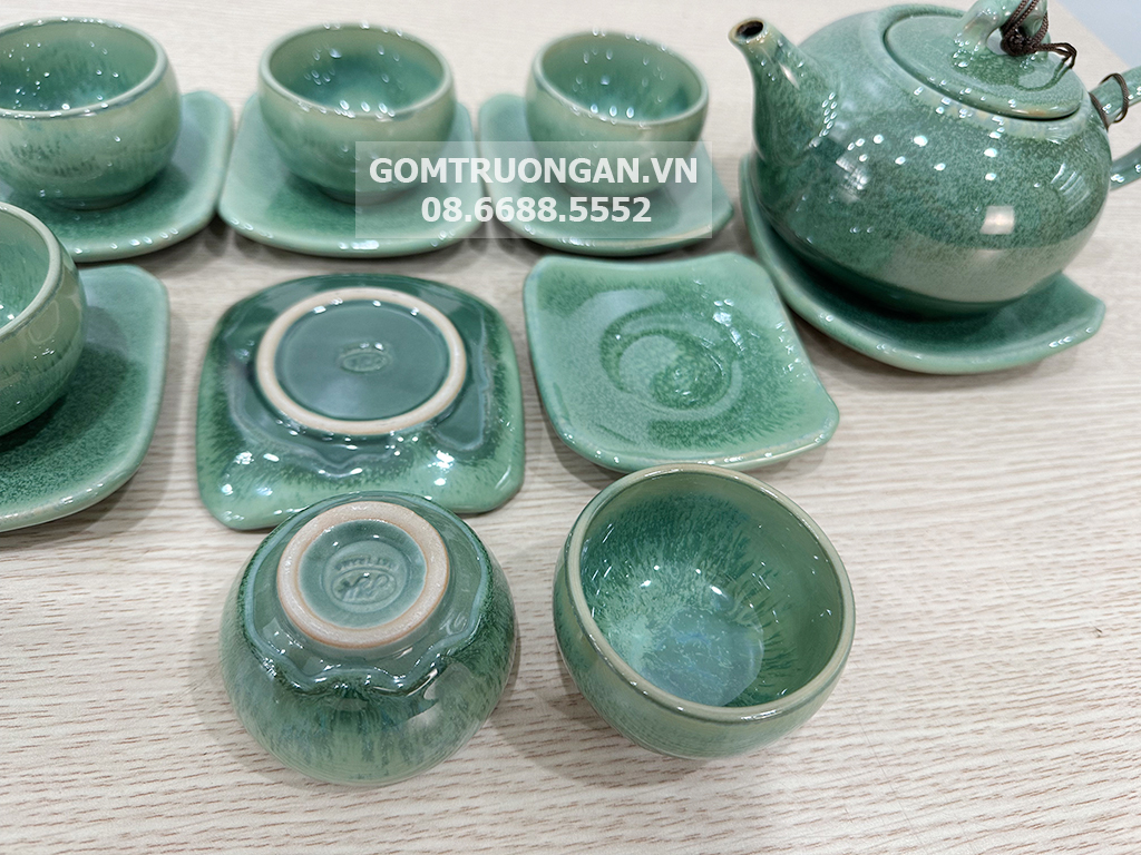 Bộ ấm chén men hỏa biến Bát Tràng xanh ngọc bích 6