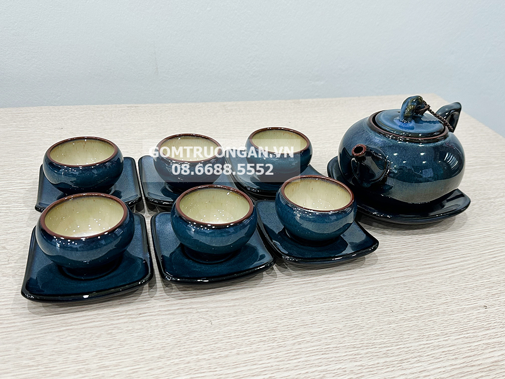 Bộ ấm chén men hỏa biến xanh 3