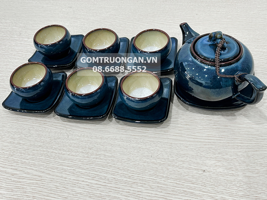 Bộ ấm chén men hỏa biến xanh 4